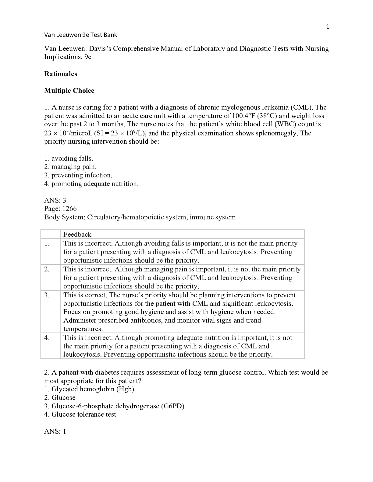Test Bank Davis's Comprehensive Manual of Laboratory and Diagnostic Tests With Nursing Implications 9th Edition by Anne Van Leeuwen, Bladh